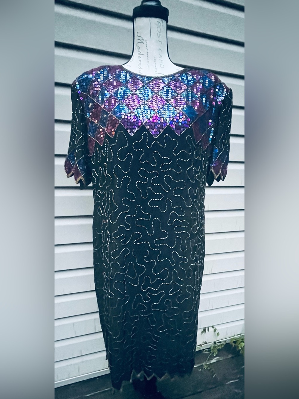 Vintage Stenay Silk Black Midi Dress with Iridescent Sequin Yoke